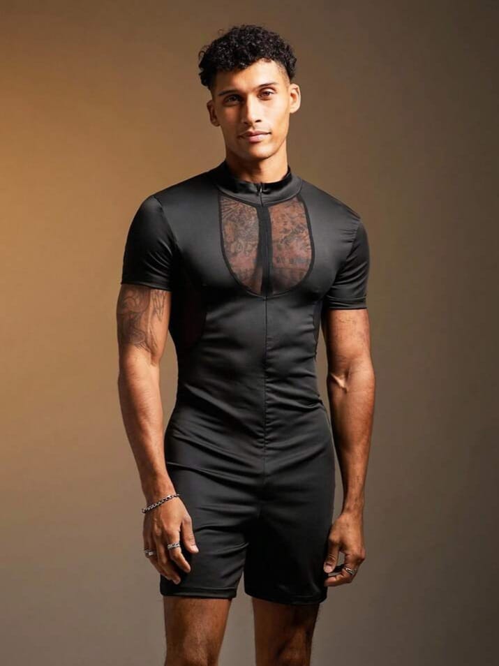 Uptown Funky Men's Sexy Patchwork Bodycon Shorts Romper .